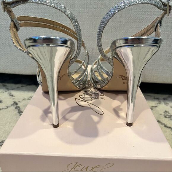 Jewel Badgley Mischka HUMBLE Silver Sparkle Strappy Sandal Heels Size 8.5 - Picture 7 of 10